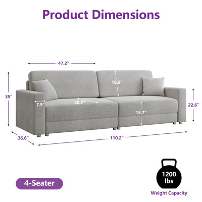 110'' Oversized Upholstered Couch, Light Gray Deep Seat 4-Seat Sofa with Throw Pillow and Square Armrest for Living Room Apartment Office, Two-Piece Set