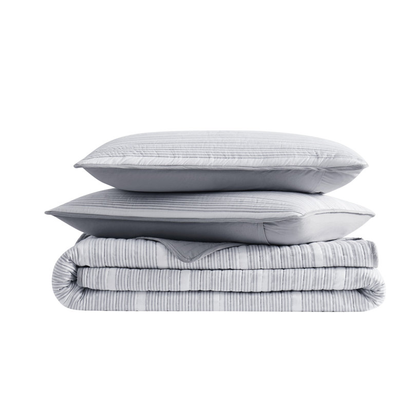 Niari Yarn Dye Stripe Cotton Striped Quilt, Grey, Twin / Twin XL Quilt + 1 Twin Sham