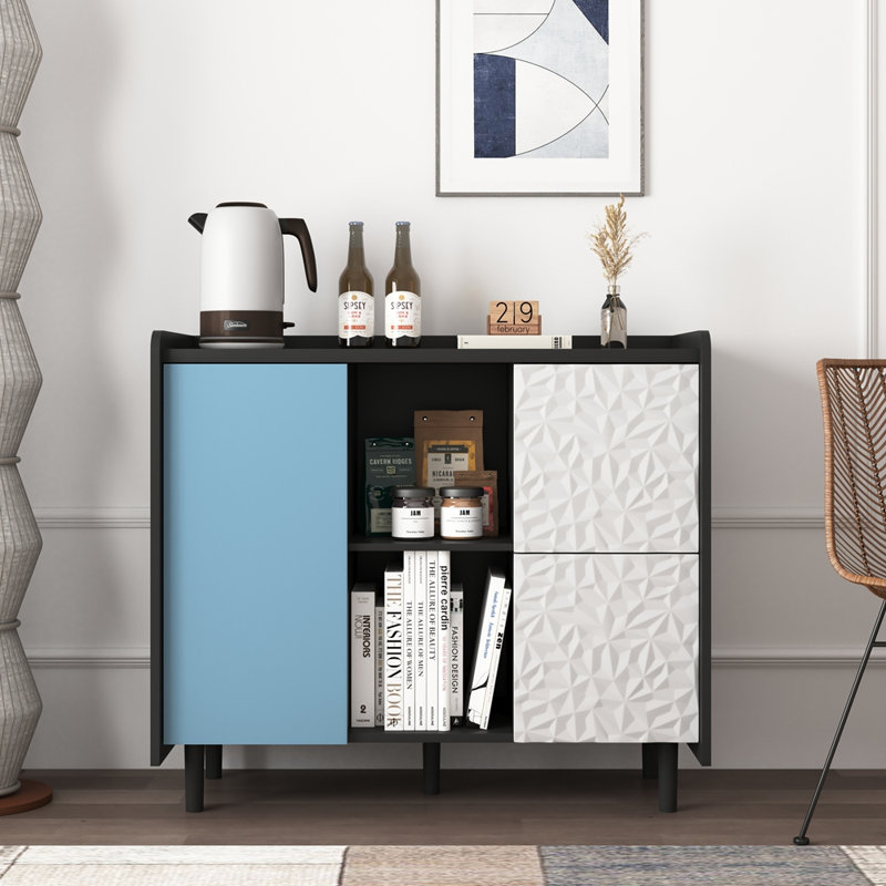 Buffet moderne avec panneau unique, 2 tiroirs et rangement ouvert pour un décor de cuisine et de salle à manger élégant