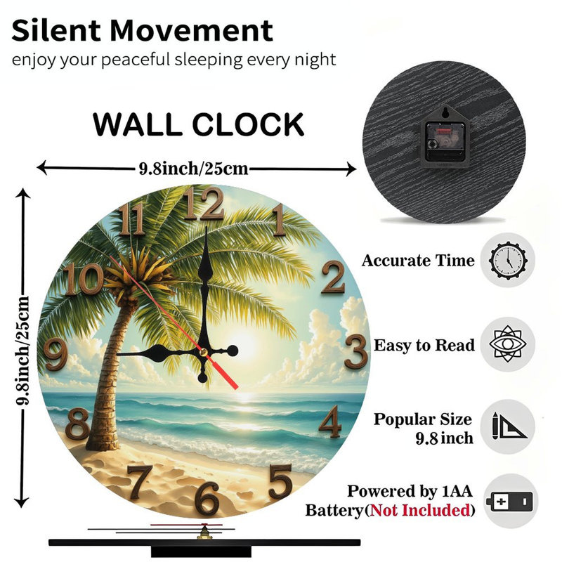 Horloge murale plage palmier coucher de soleil océan