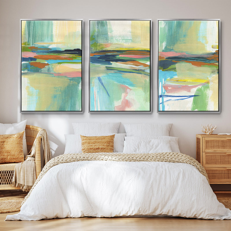 Radiant Horizon I, ensemble de 3 toiles encadrées, Argent argent, H 40 po x l 78 po