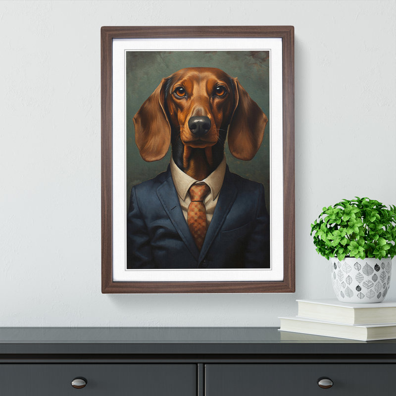 Dachshund In A Suit Painting Framed Print, Walnut , 46cm H x 34cm W x 2cm D