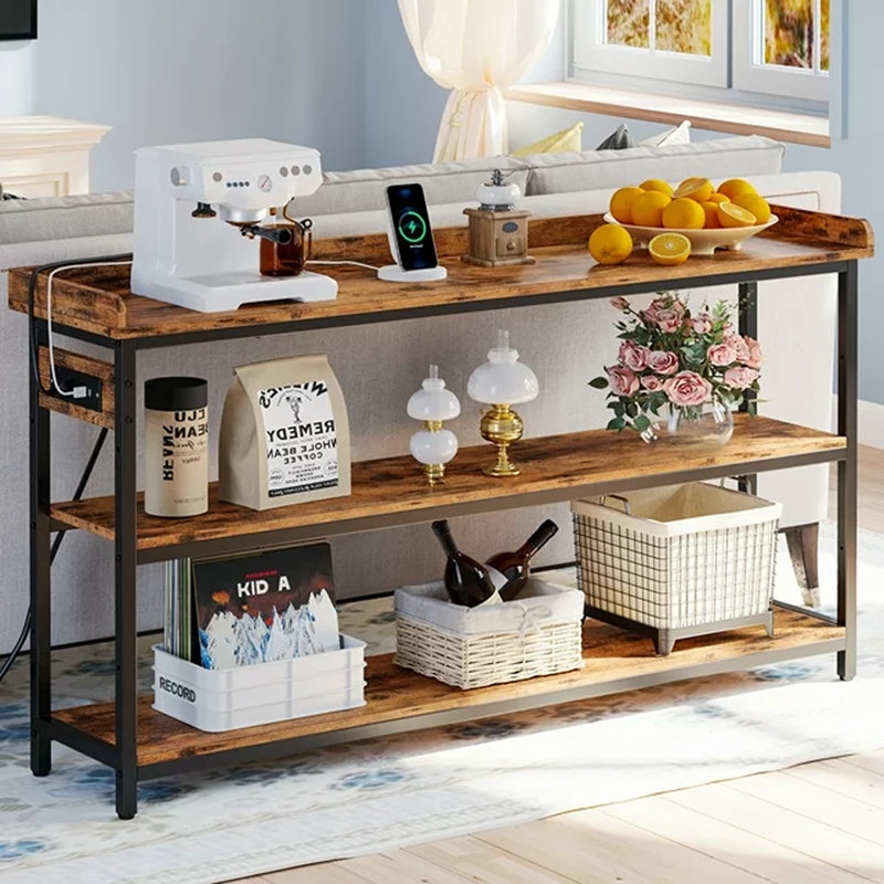 Console Table with Power Outlets, 33" H x 55" W x 13.8" D, Rustic Brown