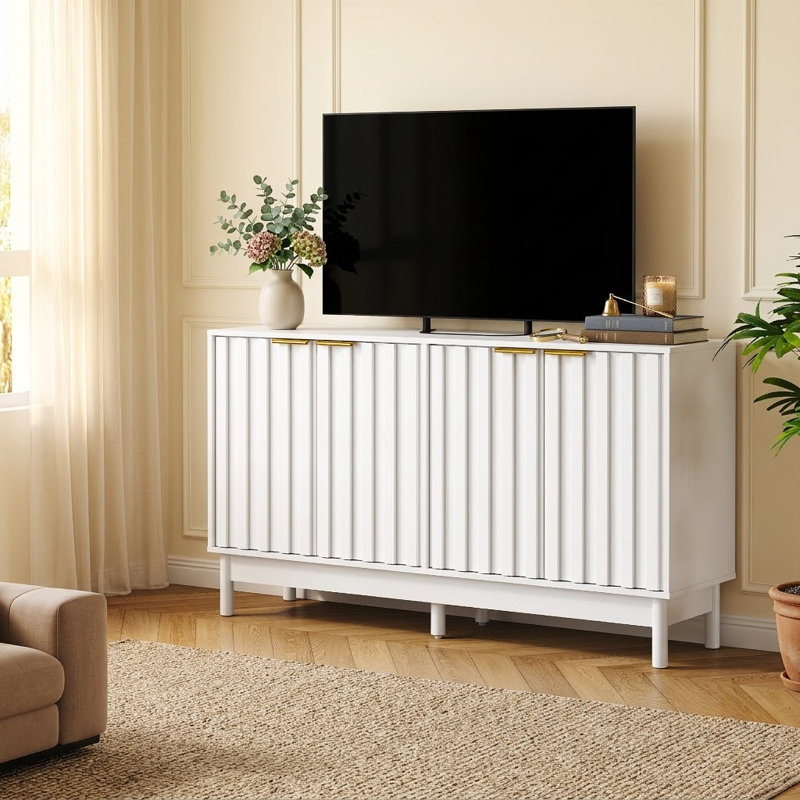 55'' Wide Sideboard Buffet Cabinet with Fluted Doors, Modern White Credenza Coffee Bar with Adjustable Shelves