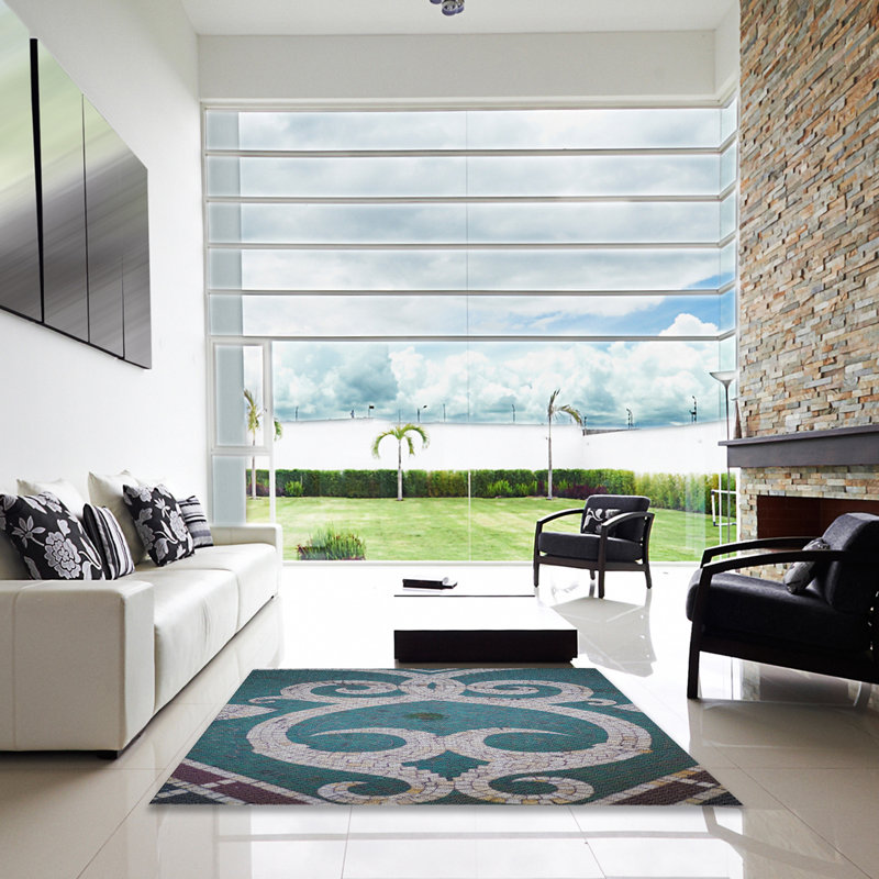 Tapis bleu aqua/blanc à motifs, Carré 6 pi
