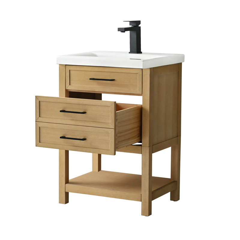 Meuble-lavabo simple 24 po avec plateau en céramique Stratford, Chêne clair / noir mat