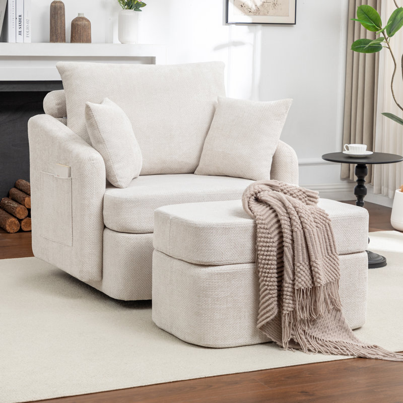 39''W Chenille Swivel  Accent Chair With Compression Ottoman for Living Room with Pillows Back, Blue, 1