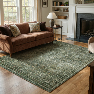 Tapis lavable à bordure florale rétro Watte avec envers antidérapant pour le salon et la chambre à coucher