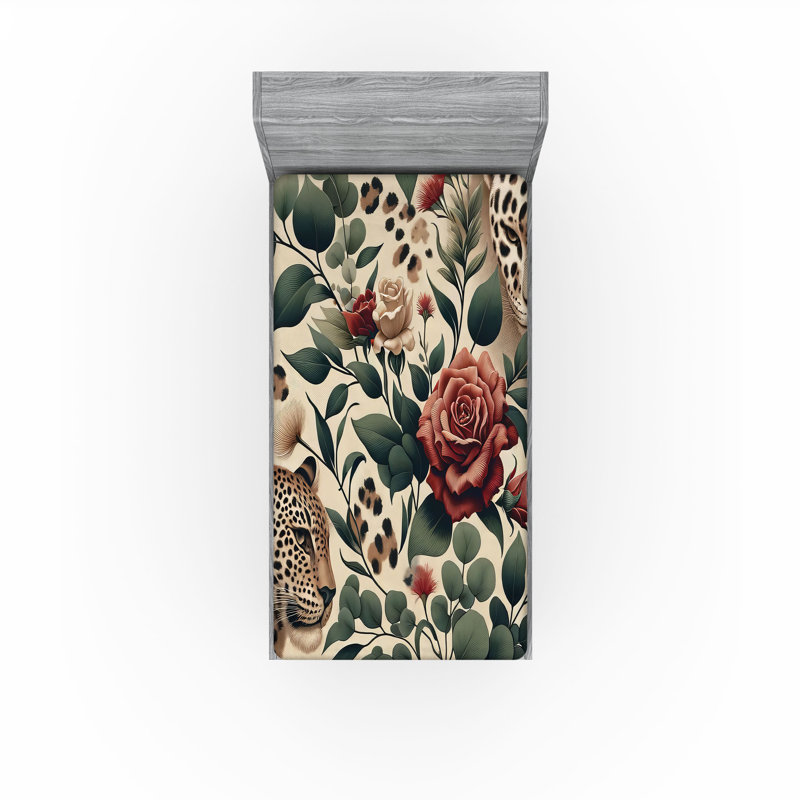 Drap-housse léopard Ambesonne_ Feuilles de roses Animaux sauvages_ Vert paon et caramel, Drap-housse de taille simple
