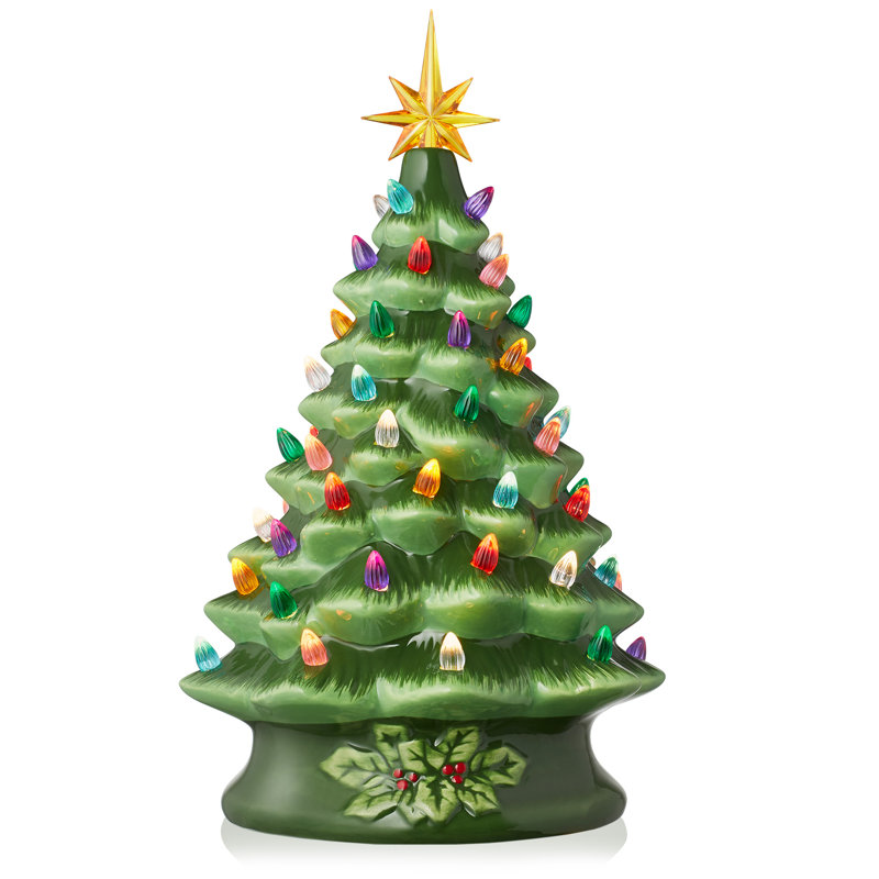 Arbre de Noël en céramique peint à la main, arbre illuminé de 15 pouces avec 128 lumières multicolores et 2 étoiles, Vert