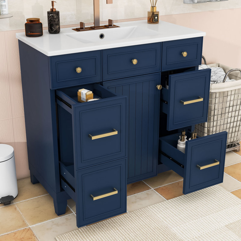 Ensemble de meuble-lavabo simple en bois avec comptoir d'évier Tamera, Marine