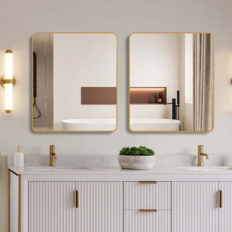 Miroir carré mural en métal pour salle de bain., Doré