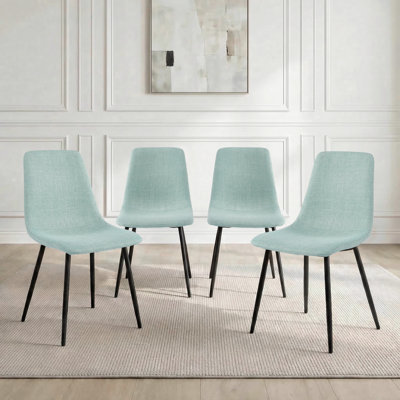 Set Of 4 Modern Upholstered Dining Chairs With Linen Cushion & Black Metal Legs