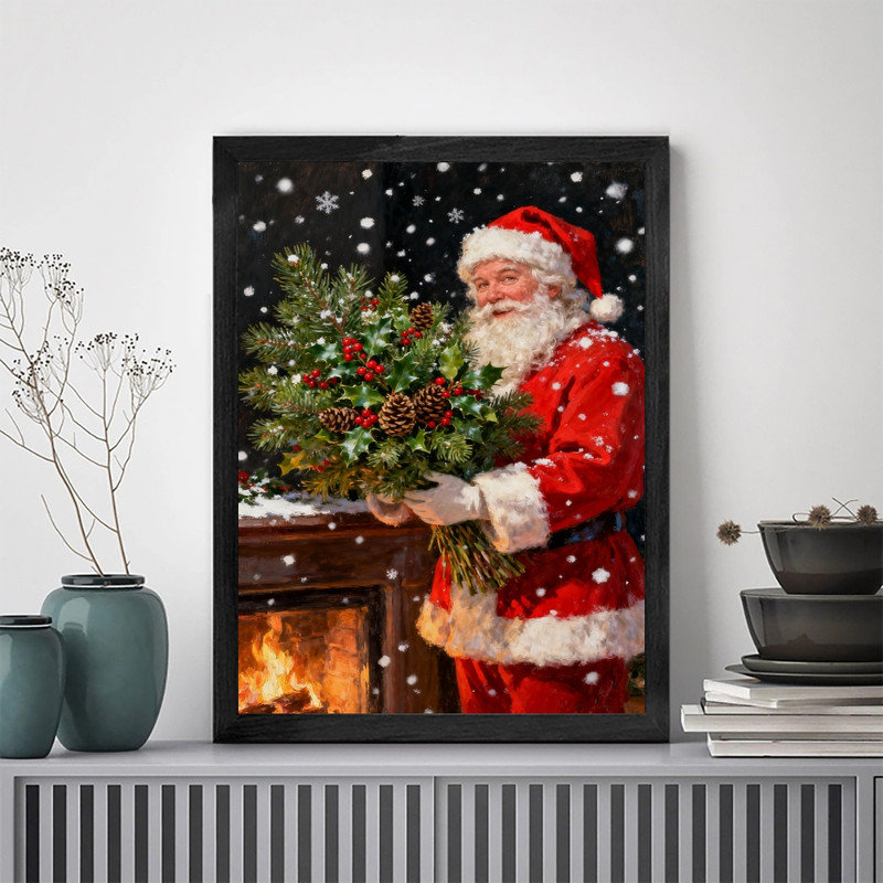 Art mural rétro noir de Noël avec père Noël - décorations festives classiques encadrées, H 11 po x l 9 po