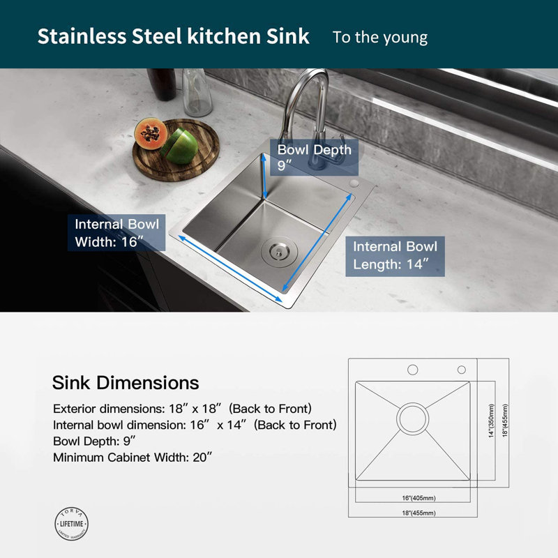 18 Inch Kitchen Sink, 16 Gauge Stainless Steel Bar Sink Topmount Single Sink - 9 Inches Deep Bar