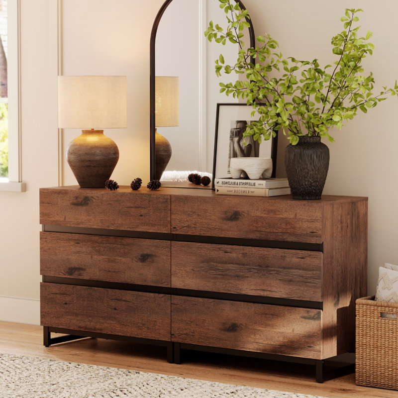 Commode moderne en bois pour la chambre à coucher ou le salon, organisateur de placard avec 6 tiroirs spacieux, commode à base en métal, brun