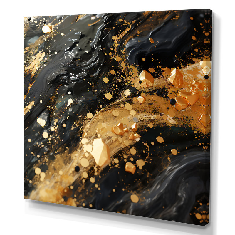 Or et galaxie noire - art mural Tachisme, H 16 po x l 16 po