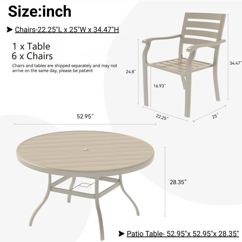 Ensemble repas d'extérieur 52,9 po avec ensemble de patio en métal empilable 7 pièces avec trou de parasol réglable?, 6