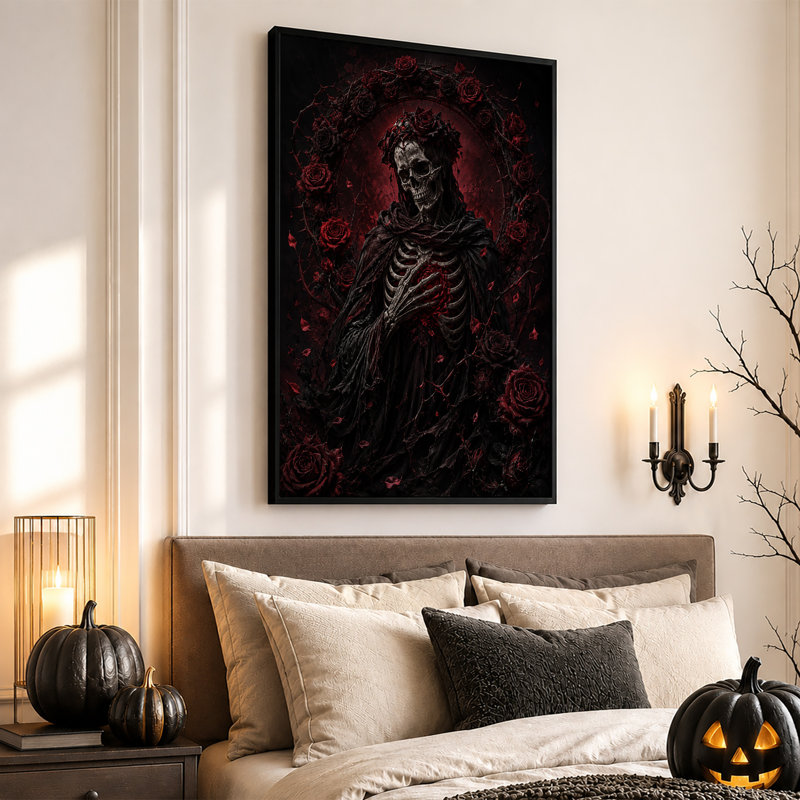 «Black Robed Skeleton tenant une rose rouge», 30"H x 20"W
