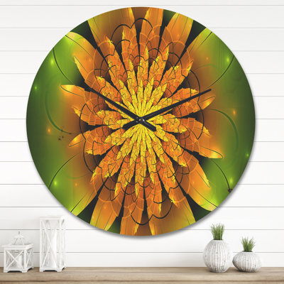 Bright Yellow Fractal Flower on Green - Modern Wood Wall Clock