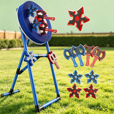 Ensemble de jeu de lancer de hache pour enfants, support de cible collante pliable avec 4 haches de lancer et 4 fléchettes Ninja Star, jeu de cible de hache en mousse sécuritaire pour les jeux de cour, de pelouse et d'intérieur extérieur