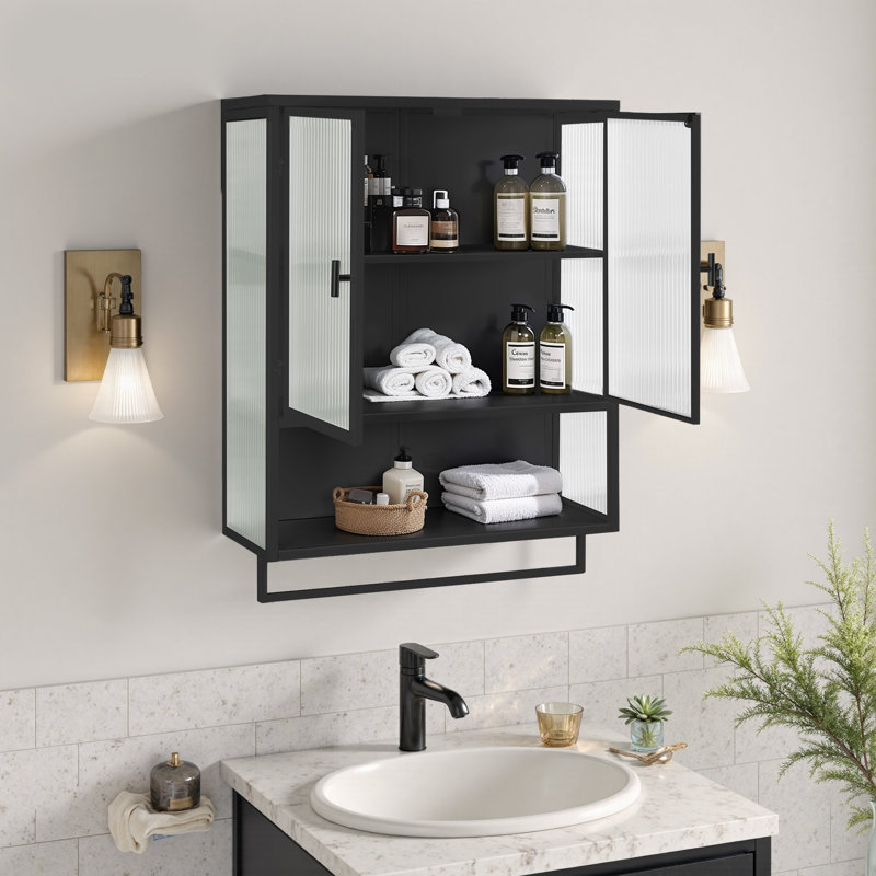 Larock Glass+Metal Wall-mounted Bathroom Cabinet,Wall Cabinet, Black