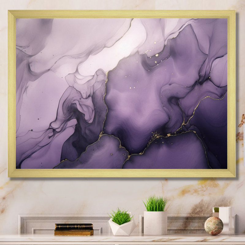 Mauve et gris, encre de marbre, nuages X, art mural fractales, H 24 po x l 32 po x P 1 po, Cadre doré simple