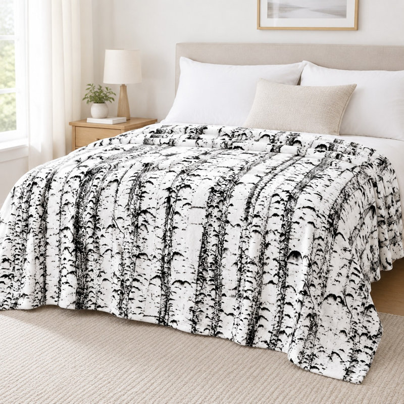 Plaid en flanelle à motif bouleau - Motif nature, noir et blanc, ultra doux, léger, respirant, toutes saisons, agréable au toucher, décoratif, pour canapé, fauteuil, salon ou chambre