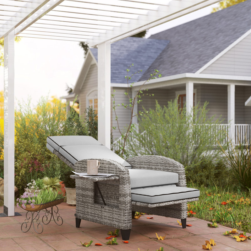 Outdoor Recliner Chair With Cushions, Reclining Patio Lounge Chair With Adjustable Footrest, Armrests, Tray Table, Gray, Gray
