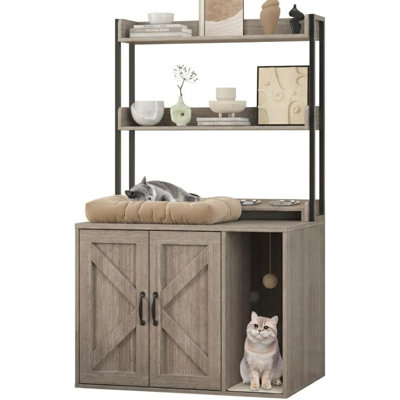 55" Wooden Cat Litter Box Enclosure with Hidden Litter Box, Built-In Charging Sockets, 2 Storage Shelves, Large Indoor Cat House Cabinet for Living Room or Entryway