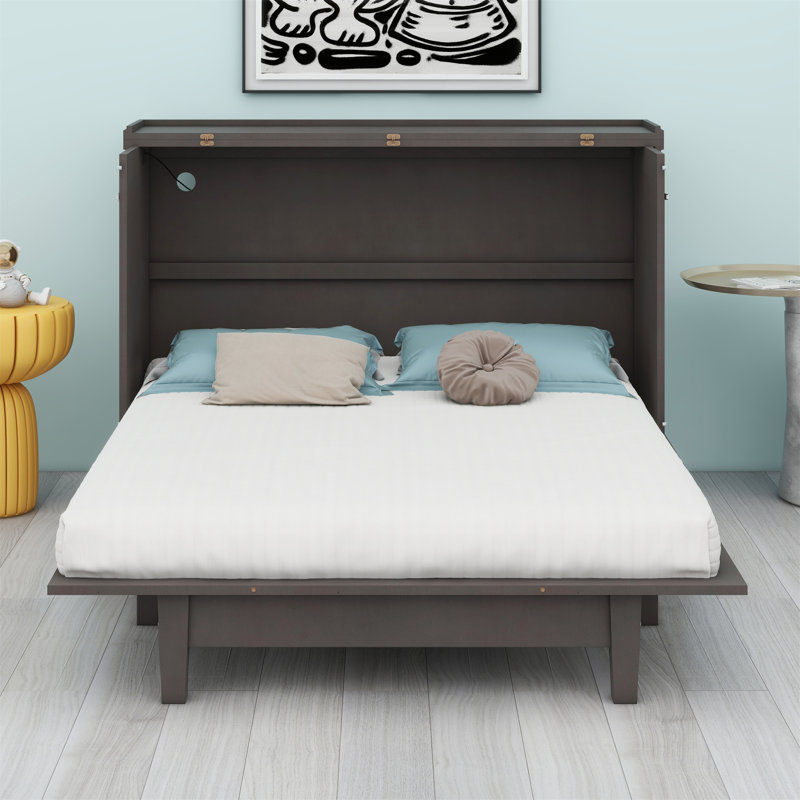 Lit escamotable en bois avec station de charge et grand tiroir de rangement, Double, gris