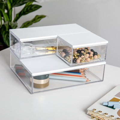 Ensemble de bacs de rangement en plastique transparent avec couvercles en bois Thomas Martha Stewart
