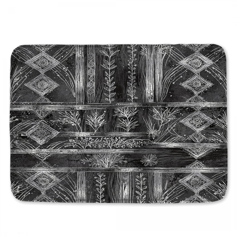 Tapis de bain noir et blanc à motif botanique, L 34 po x L 21 po