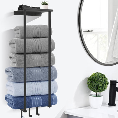 Towel Racks For Small Bathroom Wall Mounted, Vertical Towel Storage With Metal Shelf And 3 Hooks, Bath Towel Rack For Rolled Towels, Black Towel Holde -  Shimano, YjjB0C7KXP6L8