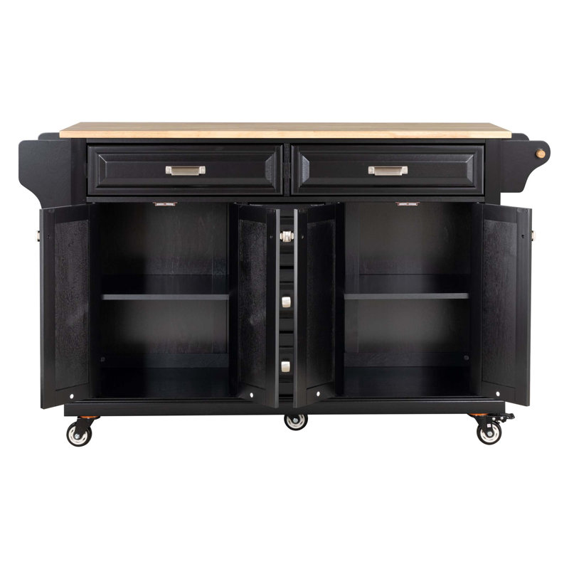 Kitchen Island With Rubber Wood Countertop, Mobile Cart With Storage And Drawers For Dining Room Convenience, Black