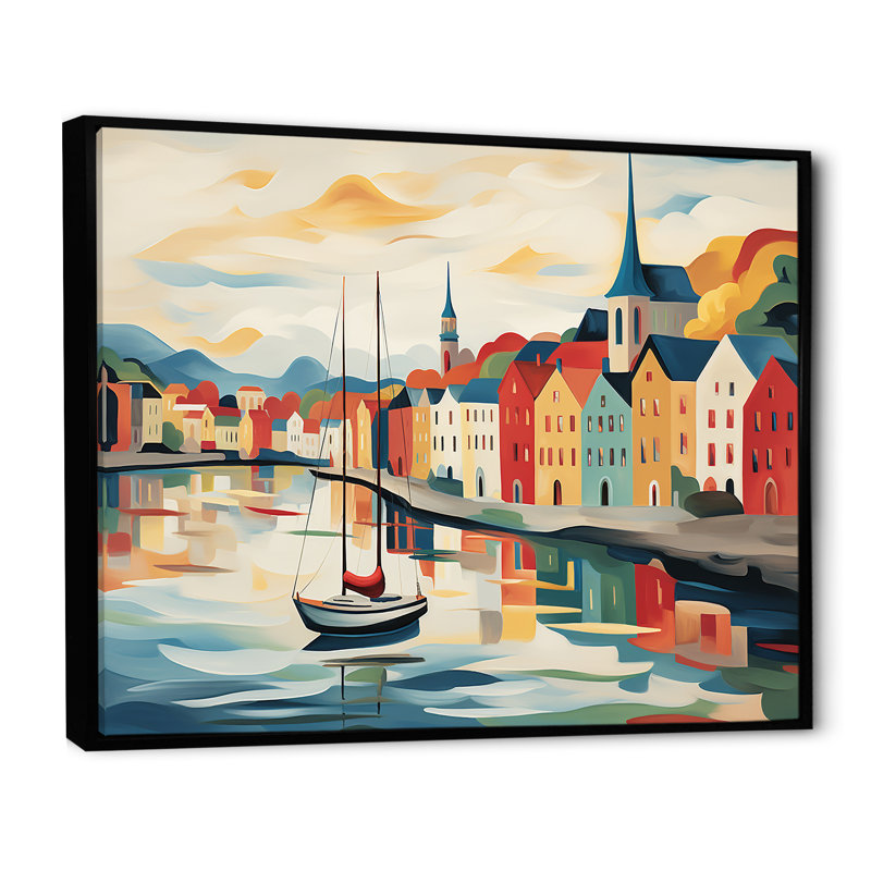 Islande, Reykjavik paysage II - art mural côtier paysage portuaire, Cadre flottant noir, H 30 po x l 40 po x P 1,5 po