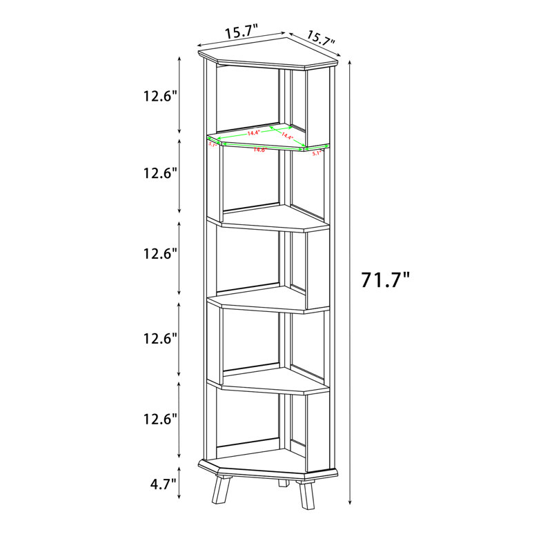 Solid Wood Corner Bookcase, Brown, (5 Shelves) 182.1cm H x 44.5cm W x 44.5cm D