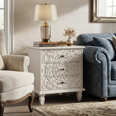 Carved Wood Nightstand with 3 Drawers, Vintage Scrollwork Accent Chest, Bedside Table for Bedroom or Living Room