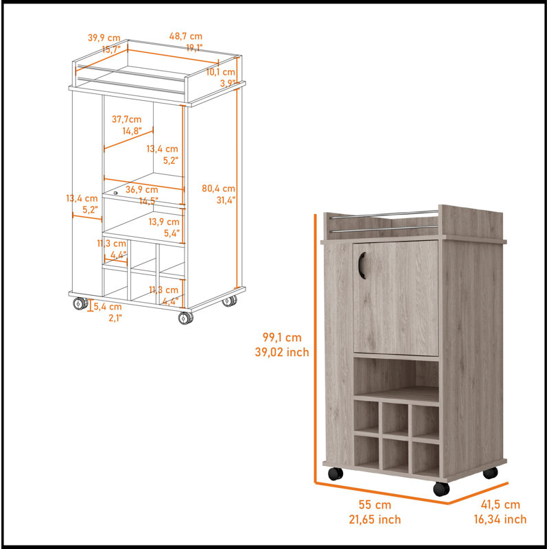 Allandale 1-Door Bar Cart with Wine Rack and Casters, Perfect for Easy Mobility and Elegant Storage, Gray
