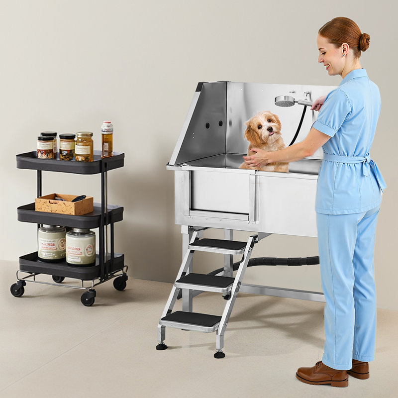 38 po Baignoire de toilettage pour chien en acier inoxydable avec robinet d'escalier et porte à gauche