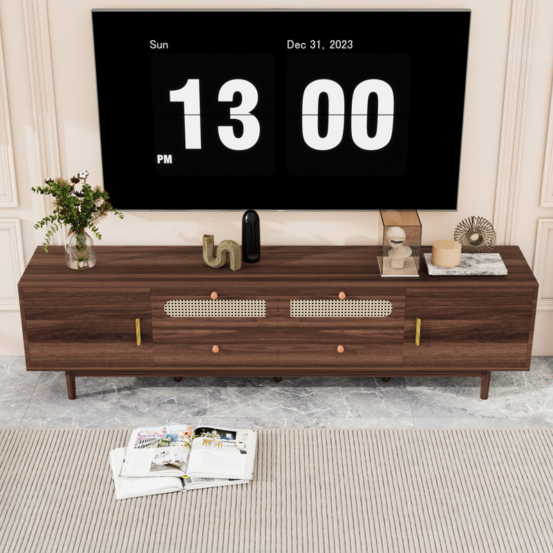 Wooden TV Stand with 2 Cabinets, 2 Drawers and Rattan Accents