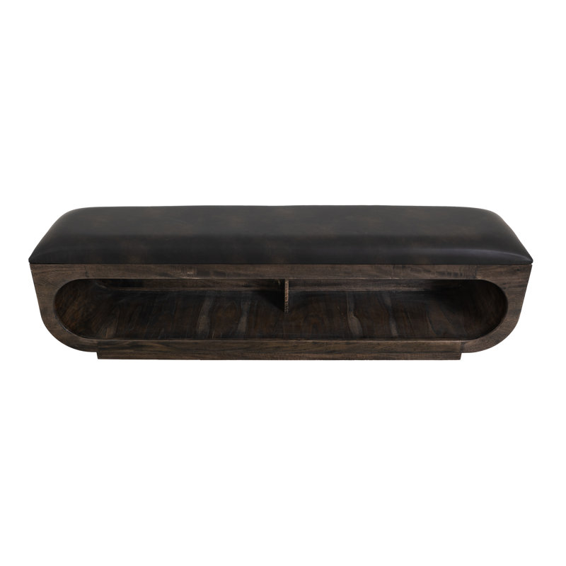 Wooden bench with a cushioned seat and open storage underneath., Dark Brown, Black