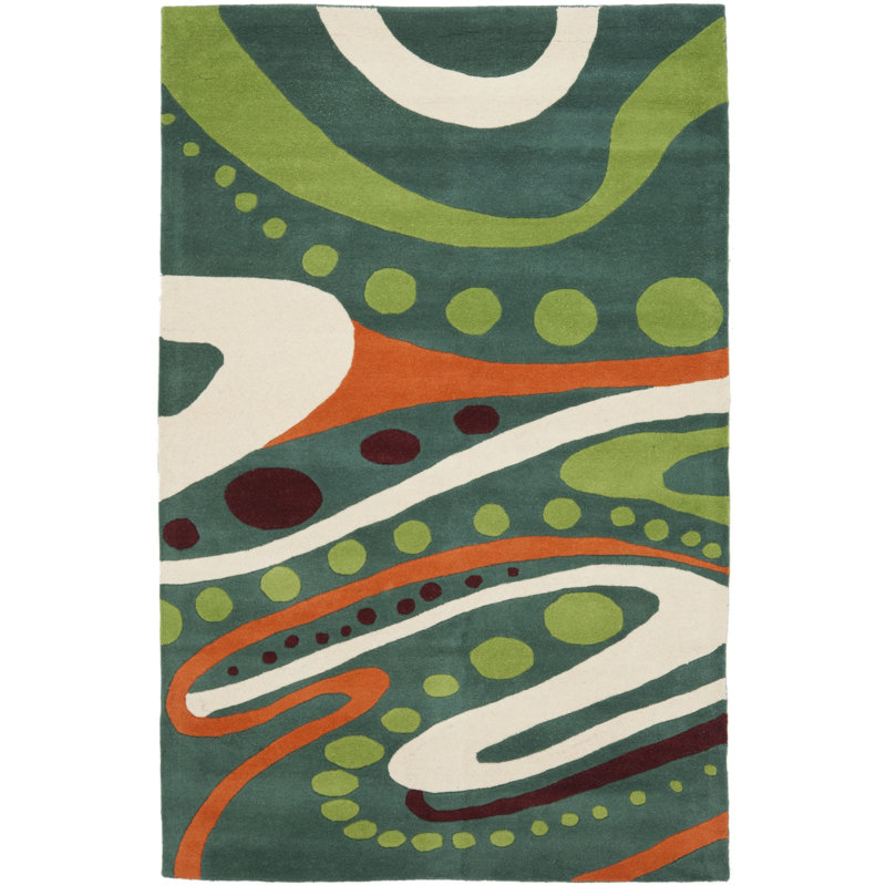 Tapis bleu / vert en laine touffeté à la main à motif abstrait Jorie, Rectangle 3 pi 6 po x 5 pi 6 po