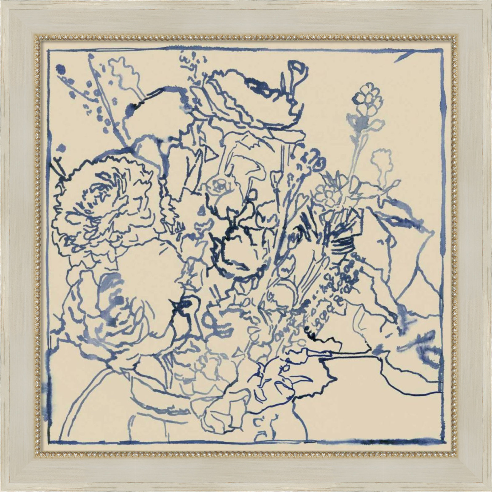 Indigo Floral Sketch by Megan Meagher, Cream, 28" W x 28" H
