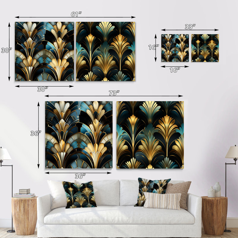 Émeraude et blanc damassé Art déco - Ensemble abstrait d'art mural en acrylique sur verre, H 36 po x l 73 po