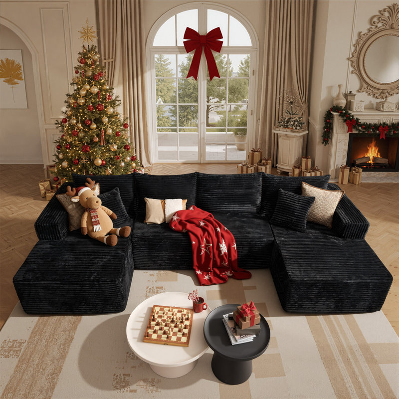 134.7" Oversized 4-Seat U-Shape Modular Corduroy Sectional Sofa, Black Corduroy 
