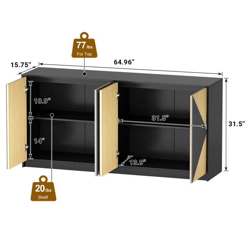 65" Wide Kitchen Sideboard With 4 Fluted Doors, Adjustable Shelves, Oak/Black