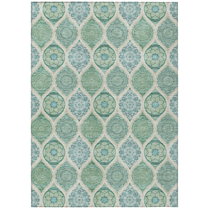 Tapis intérieur lavable 10 pi x 14 pi ivoire et bleu sarcelle avec médaillon floral