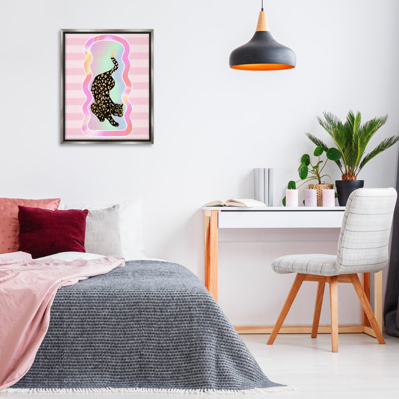 «Leopard & Pink Stripes» par Ziwei Li, Cadre flottant gris lustré, H 31 po x l 25 po