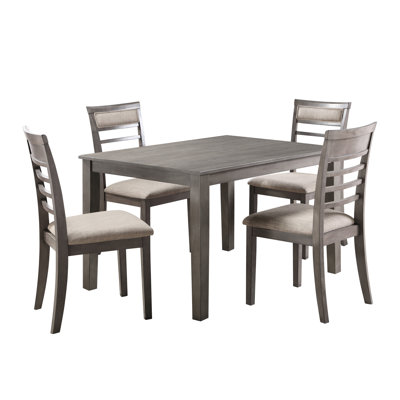 48" Wooden Dining Table And 4 Chairs - Gray Finish With Fabric Seat 5pc & 42 In Package Width